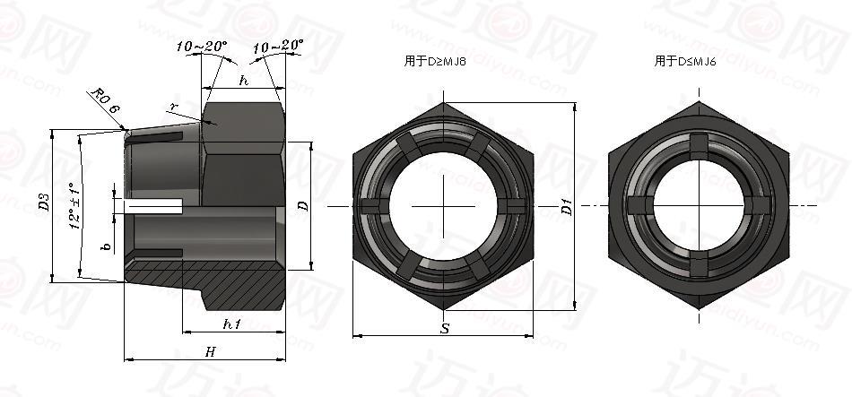 mj螺纹六角开槽厚自锁螺母