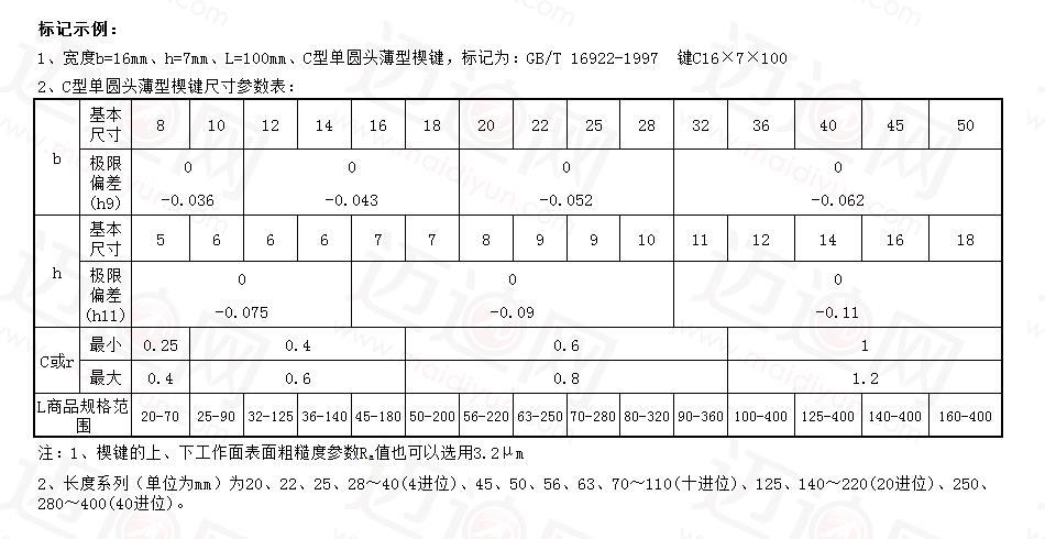 c型单圆头薄型楔键